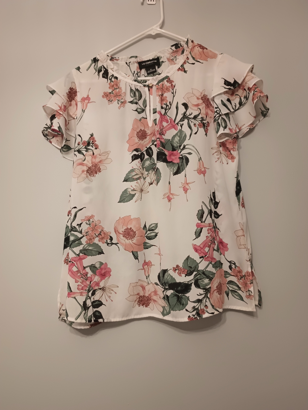 Liz Claiborne White Blouse with Pink & Green Floral Print M